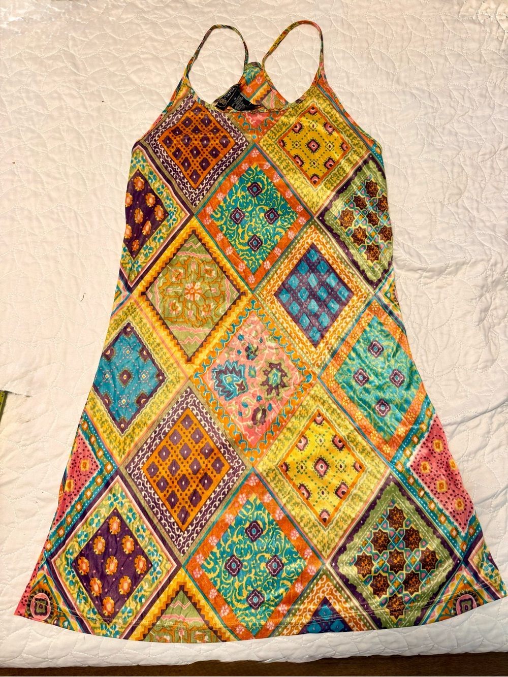 Y2K, colorful psychedelic patchwork mini slip dress